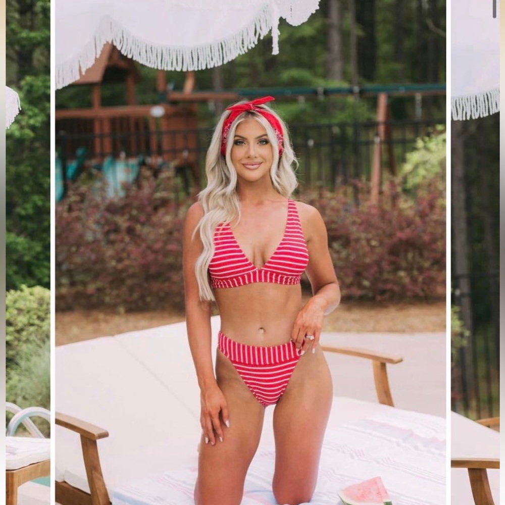 Plunge Neck Striped Bikini-Red/White